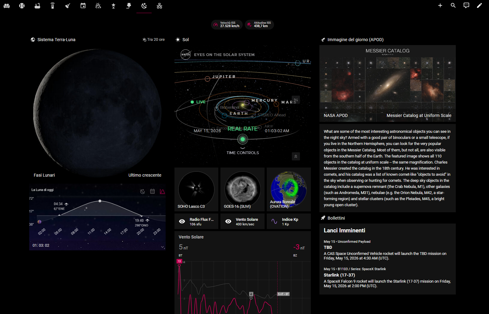 La dashboard di astrometria